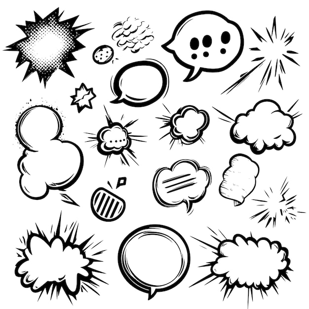 Vector handdrawn comic speech bubbles collection black and white sketch style