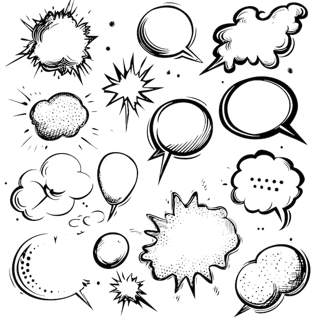 Vector handdrawn comic speech bubbles and explosions set