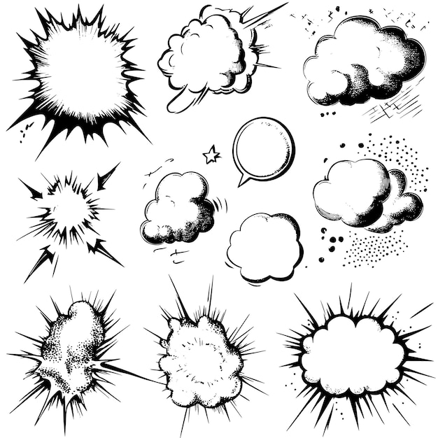 Vector handdrawn comic speech bubbles and explosions set