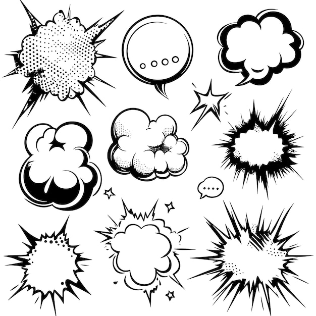 Vector handdrawn comic speech bubbles and explosions set