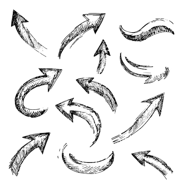 Vector handdrawn curved arrows in various directions