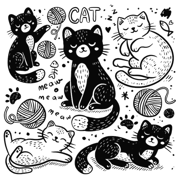 Vector handdrawn cute cats playing with yarn doodle set on white background for coloring book