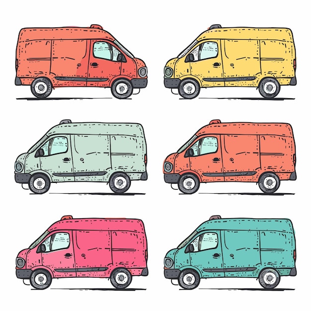 Vector handdrawn delivery vans presented various colors side view cartoonstyle cargo vehicles