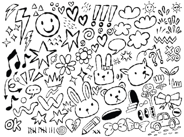 Vector handdrawn doodle elements cute and fun illustrations with hearts stars animals and symbols