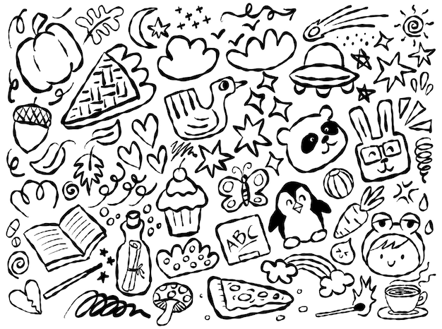 Vector handdrawn doodle elements cute and fun illustrations with hearts stars animals and symbols