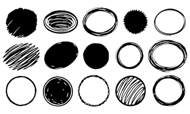 Handdrawn doodle grunge circle highlights Charcoal pen round ovals Marker scratch scribble