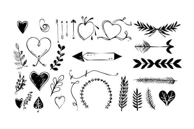 Handdrawn doodle set with hearts and arrows