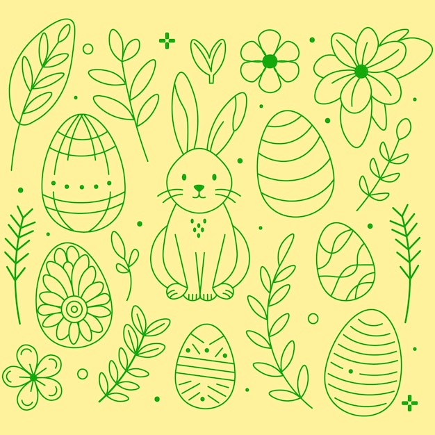 Handdrawn easter bunny and eggs amidst spring florals on yellow backgroundVariety of spring flowers