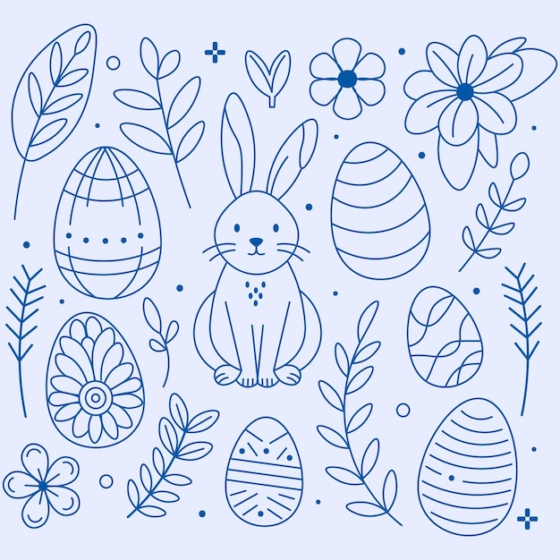 Handdrawn easterthemed set featuring bunnies and eggs on a light background Easterthemed items