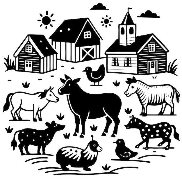 HandDrawn Farm Collection Animals and Rural Village Illustrations