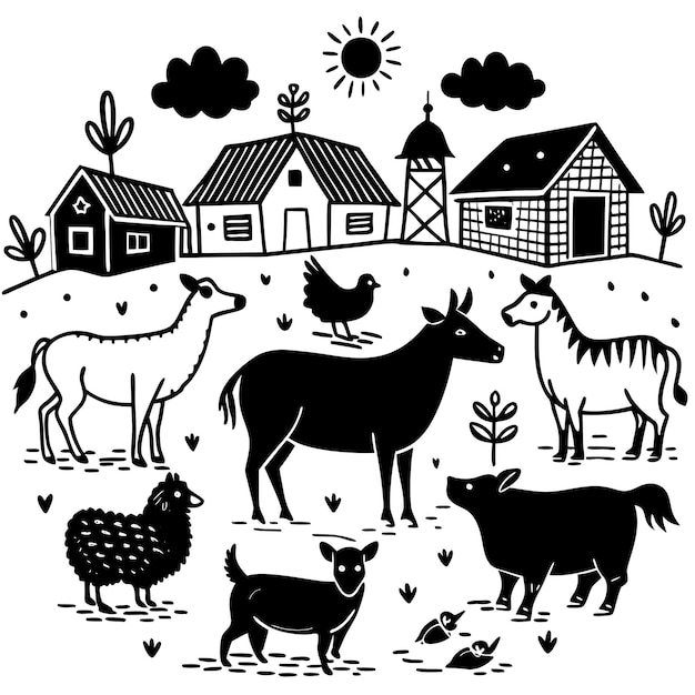 Vector handdrawn farm collection animals and rural village illustrations