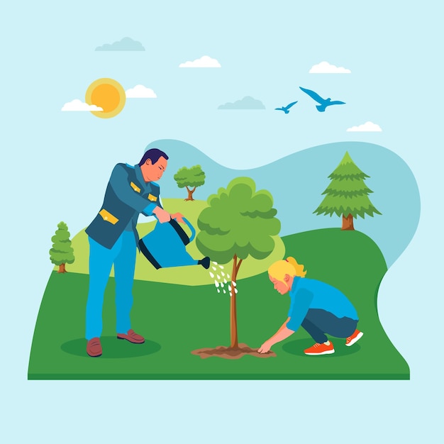 Handdrawn flat design of two young people planting trees outdoors illustration