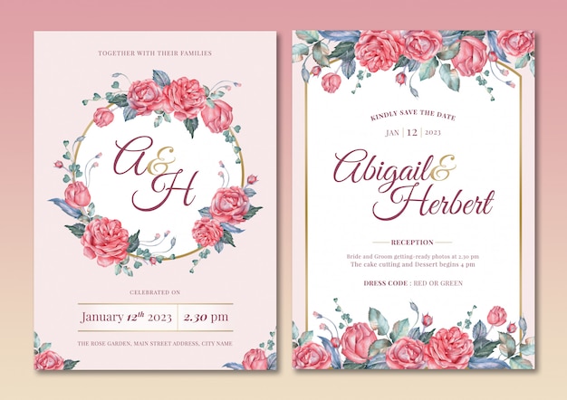 Handdrawn floral wedding invitation card