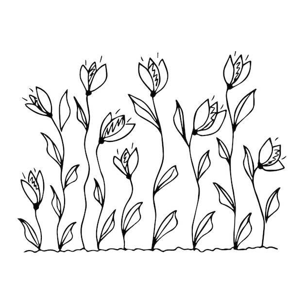 Handdrawn flowerbed with flowers in doodle style