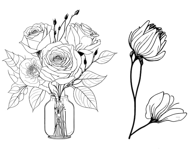 Handdrawn flowers in Monochrome Style and simple Line Art Flowers in Black and White