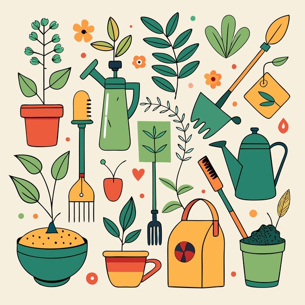 Vector handdrawn gardening tools for home