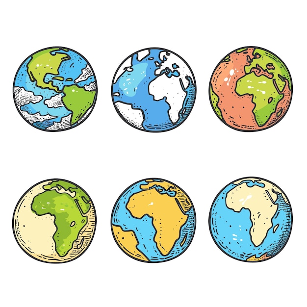 Handdrawn globes showcasing various earth continents outlines colorful cartoon style Six