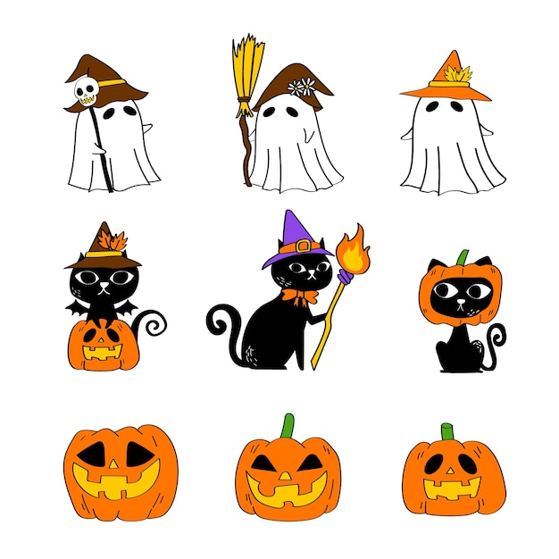 Vector handdrawn happy halloween day elementcollection of cartoon ghost black cat pumpkin