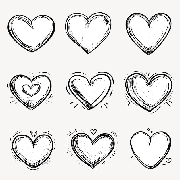 Vector handdrawn hearts sketch collection set