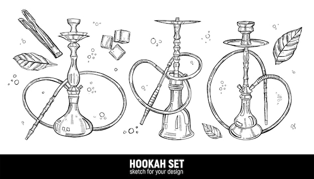 Handdrawn hookah set Tobacco leaves various hookahs coal tongs coal