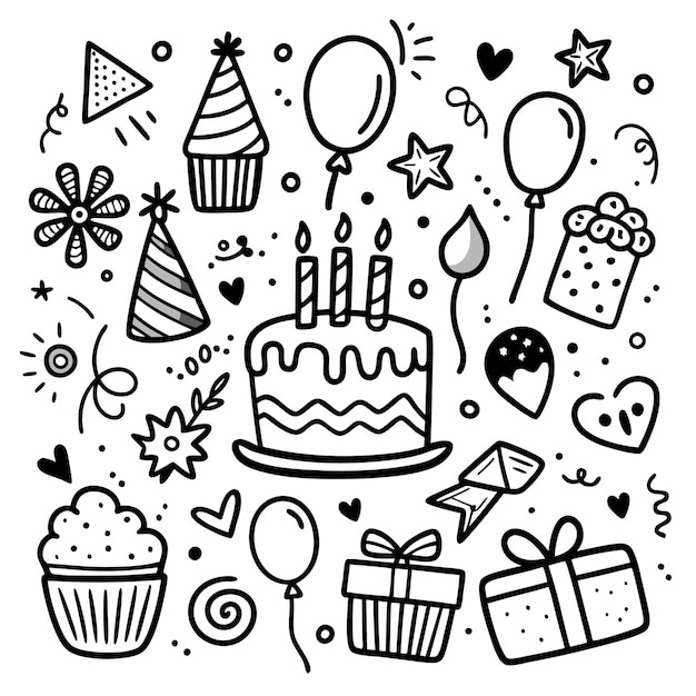 A handdrawn illustration of birthday celebration items including balloons cupcakes gifts and a birthday cake with candles