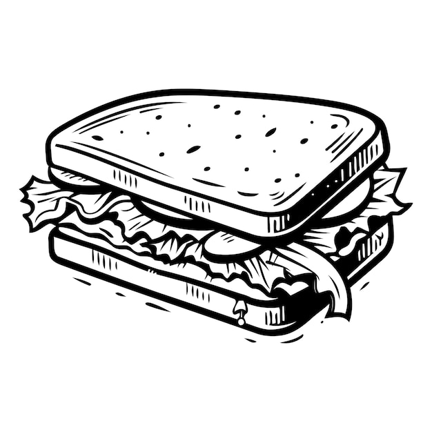 Vector a handdrawn illustration of a classic sandwich with lettuce in a simple black and white style