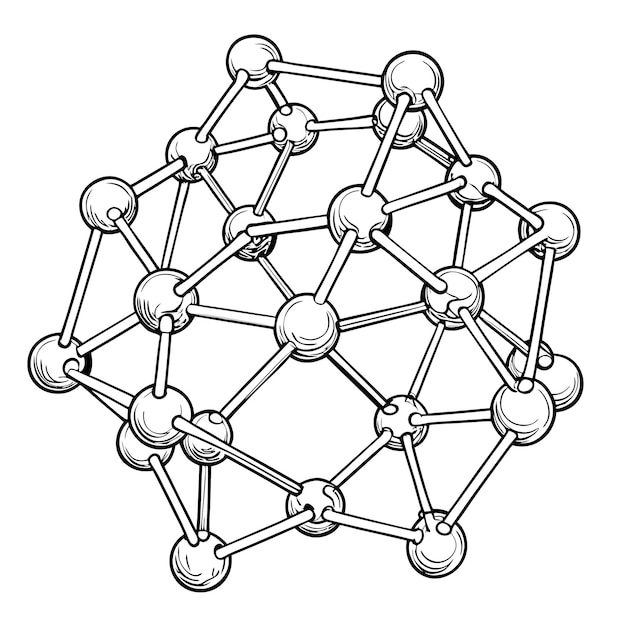 A handdrawn illustration of a complex molecular structure consisting of interconnected spheres and rods