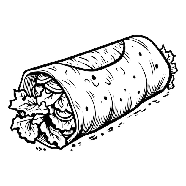 A handdrawn illustration of a delicious burrito perfect for menus recipe books or as a cute and quirky design element