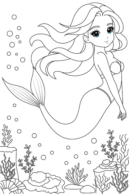 Handdrawn illustration of kawaii mermaid princess coloring page for kids and adults