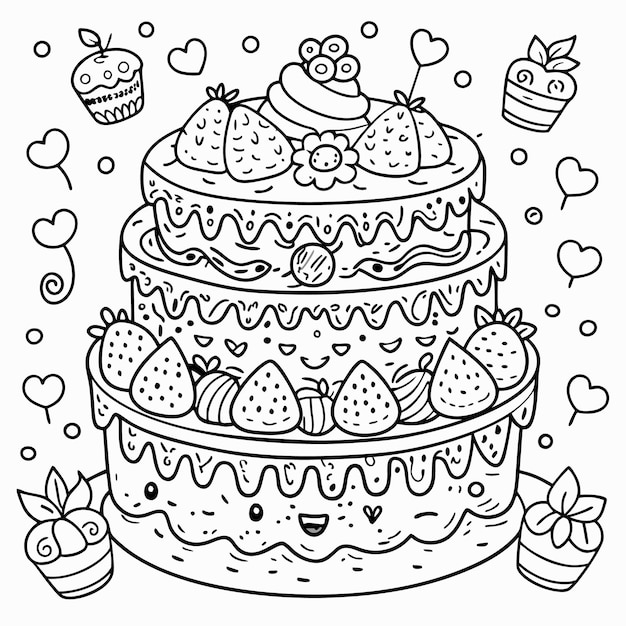 Vector handdrawn illustration of a threetiered cake decorated with strawberries hearts