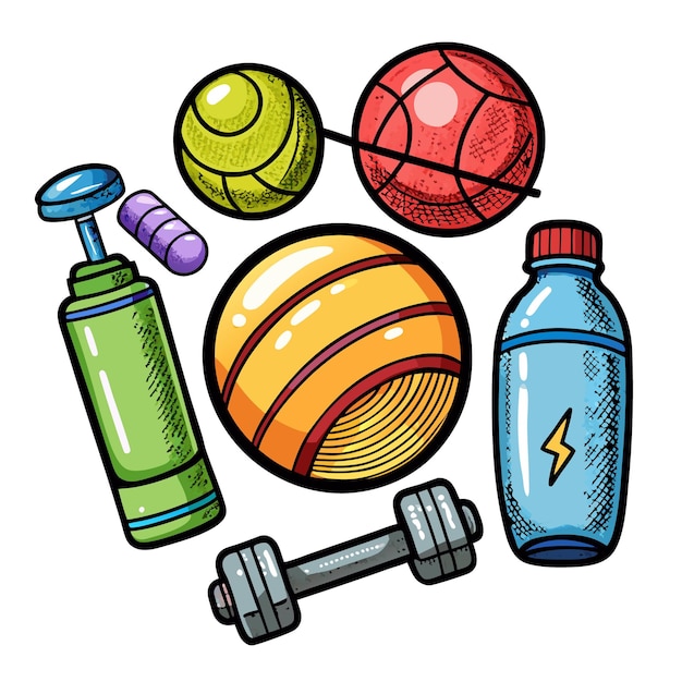 Vector a handdrawn illustration of various fitness equipment including a dumbbell water bottle balls and a pump