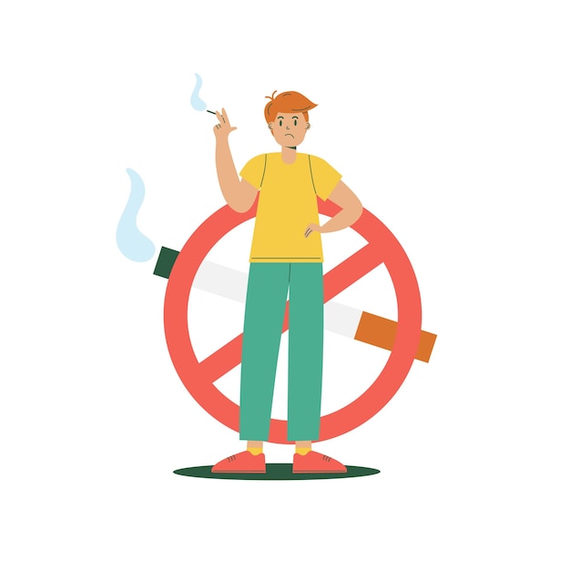 A handdrawn illustration for World No Tobacco Day A man smokes and is not happy