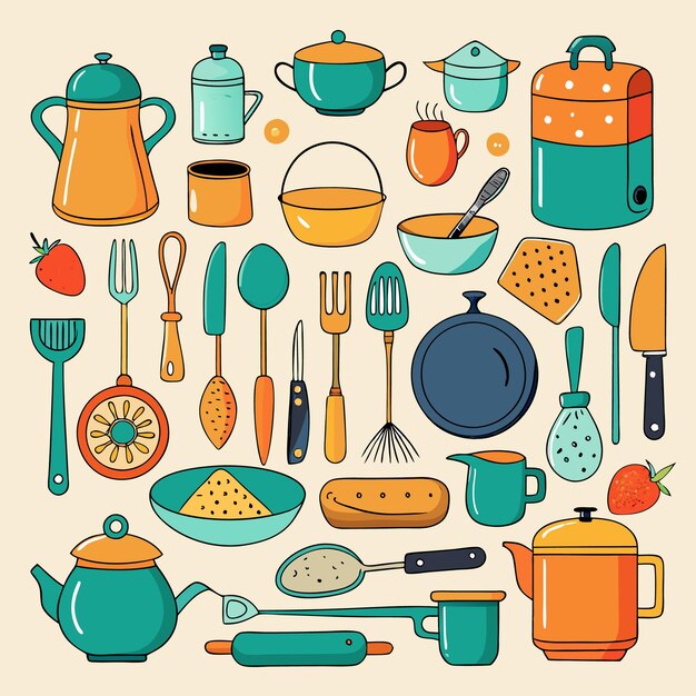 Vector handdrawn kitchen utensils set