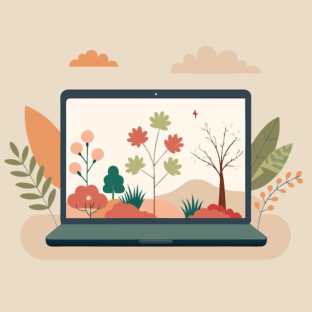 Handdrawn Laptop with Autumn Leaves and Floral Design