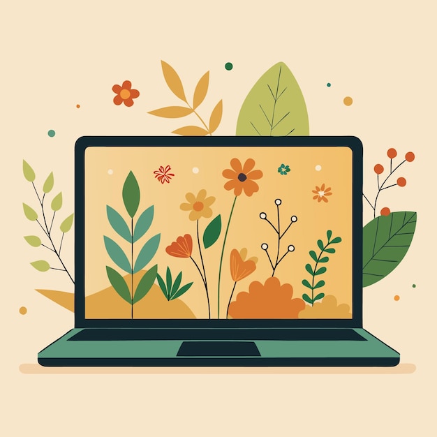 Vector handdrawn laptop with autumn leaves and floral design