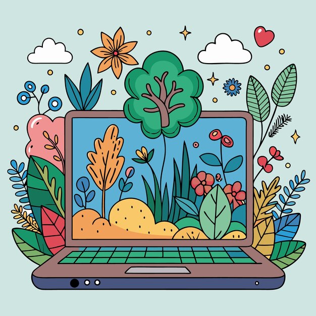 Vector handdrawn laptop with autumn leaves and floral design