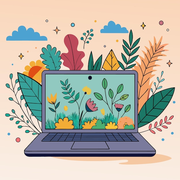 Handdrawn Laptop with Autumn Leaves and Floral Design