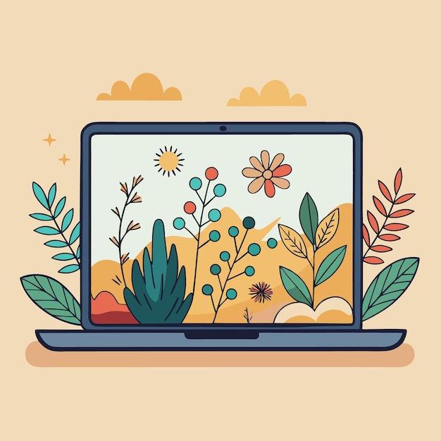 Handdrawn Laptop with Autumn Leaves and Floral Design