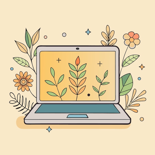 Handdrawn Laptop with Autumn Leaves and Floral Design