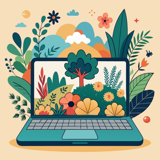 Vector handdrawn laptop with autumn leaves and floral design