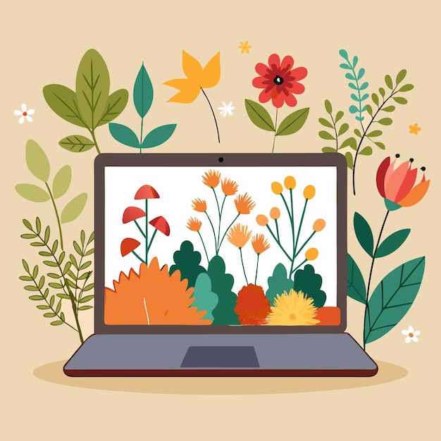 Vector handdrawn laptop with autumn leaves and floral design