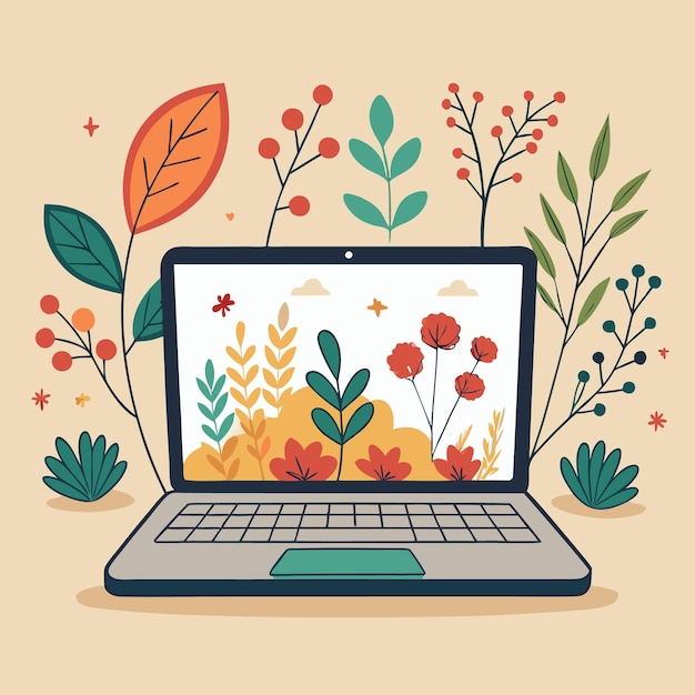 Vector handdrawn laptop with autumn leaves and floral design