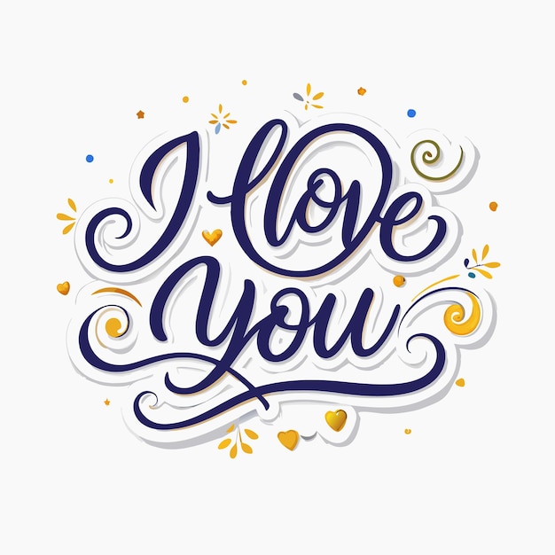 Vector handdrawn lettering 39i love you39 with gold hearts stars and swirls on a white background