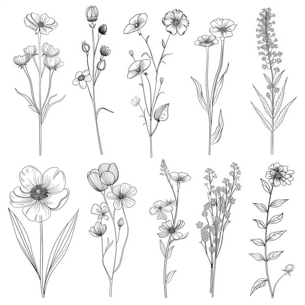 Vector handdrawn line art of various types of flowers