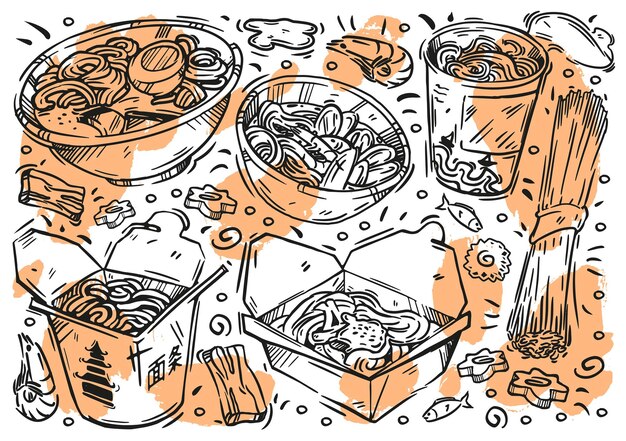 Vector handdrawn line vector illustration on white board sketches of food doodle types of noodles soba funchose udon ramen wok pasta ingredients