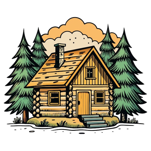 HandDrawn Log Cabin in the Woods Vector Illustration with Vintage Style