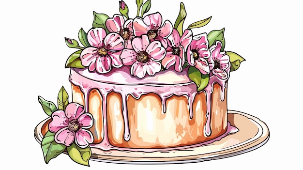 Vector handdrawn mini cake with flowers vector illustration