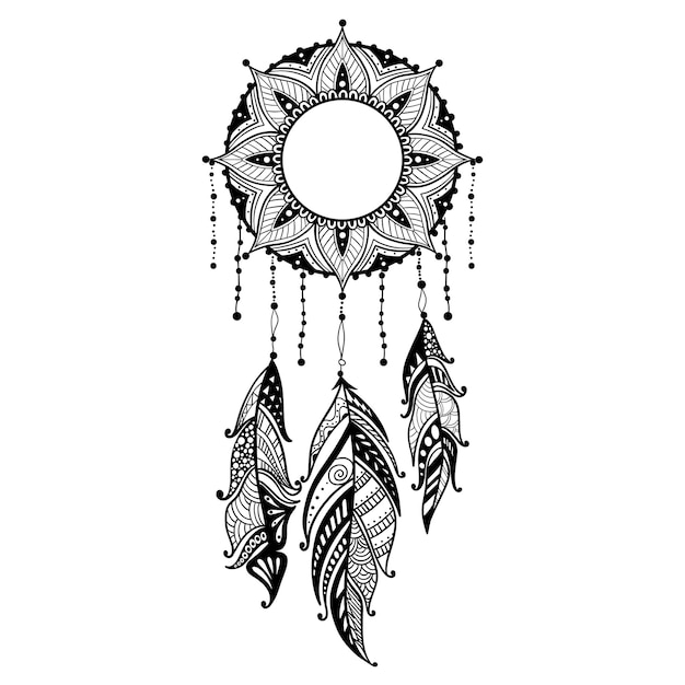 Handdrawn moon mandala dreamcatcher with feathers Ethnic illustration tribal American Indians traditional symbol