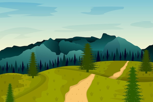 Handdrawn mountain landscape with trees