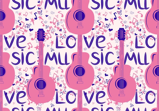 Handdrawn musical seamless pattern with the inscription Love music and country guitar stars notes symbols objects and elements